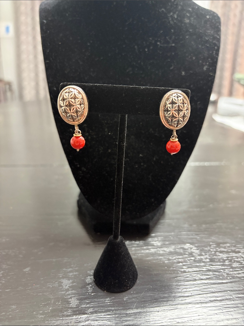 Michael Dawkins 925 Silver Oval Earrings with Red Coral Beads